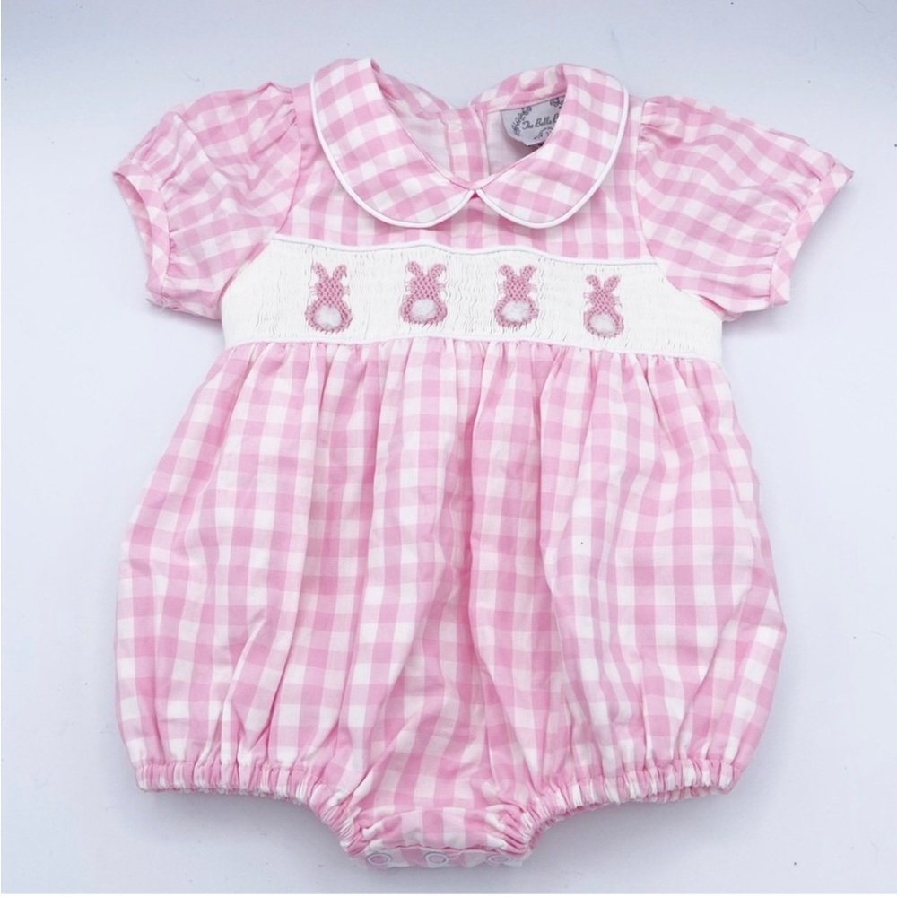 The Bella Bean Peter Cottontail Smocked Bunny Bubble pink gingham 6mo
